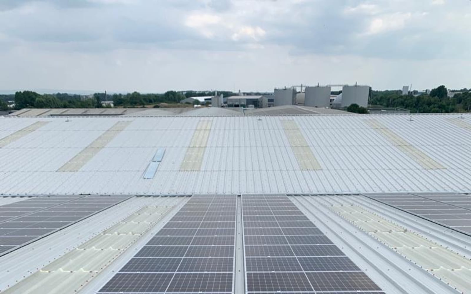 Close view of the solar panel rows across the Stiller warehouse roof