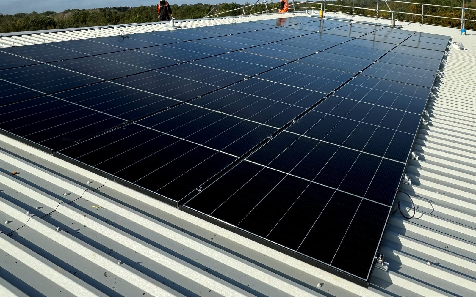 Dark solar panels across a white commercial roof under a bright sky